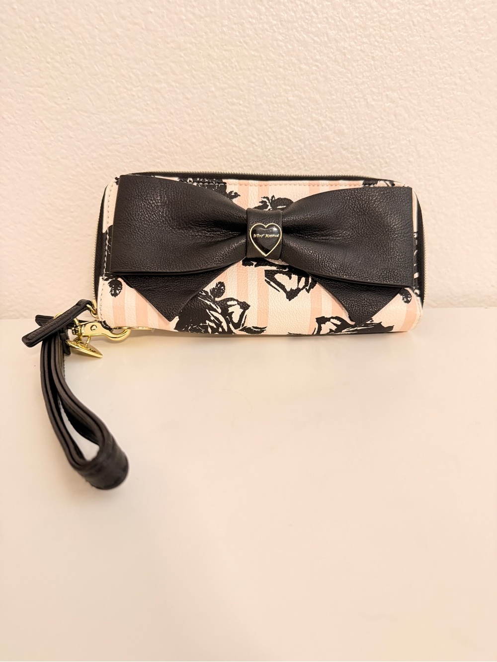 Betsey Johnson Pink Cream Black Floral Bow Wristlet